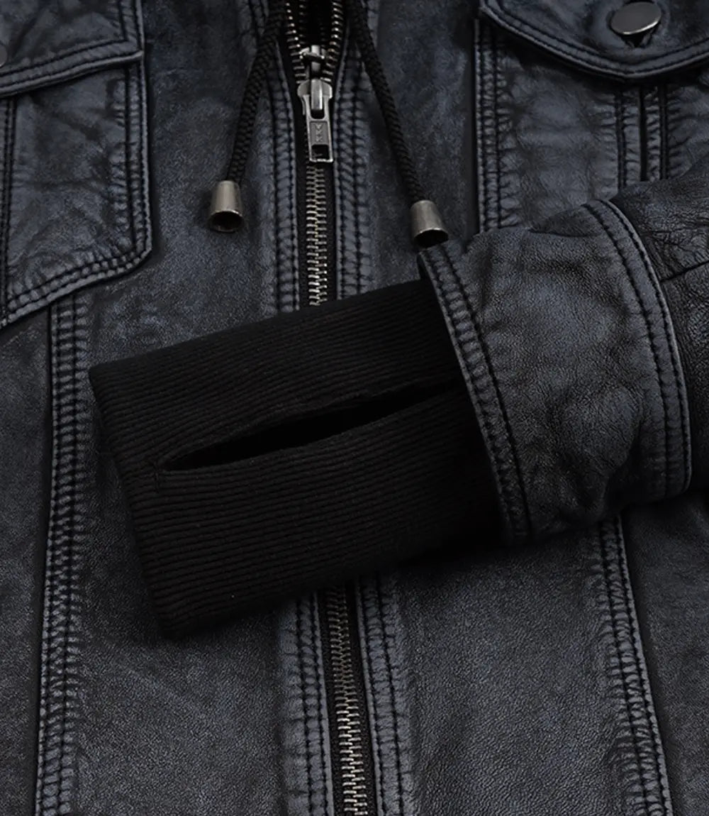 Women's Washed Black Leather Jacket with Removable Hood