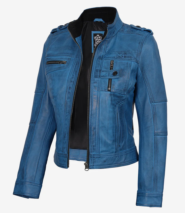 Blaue Damenjacke im Biker-Stil aus gewachstem Lammleder