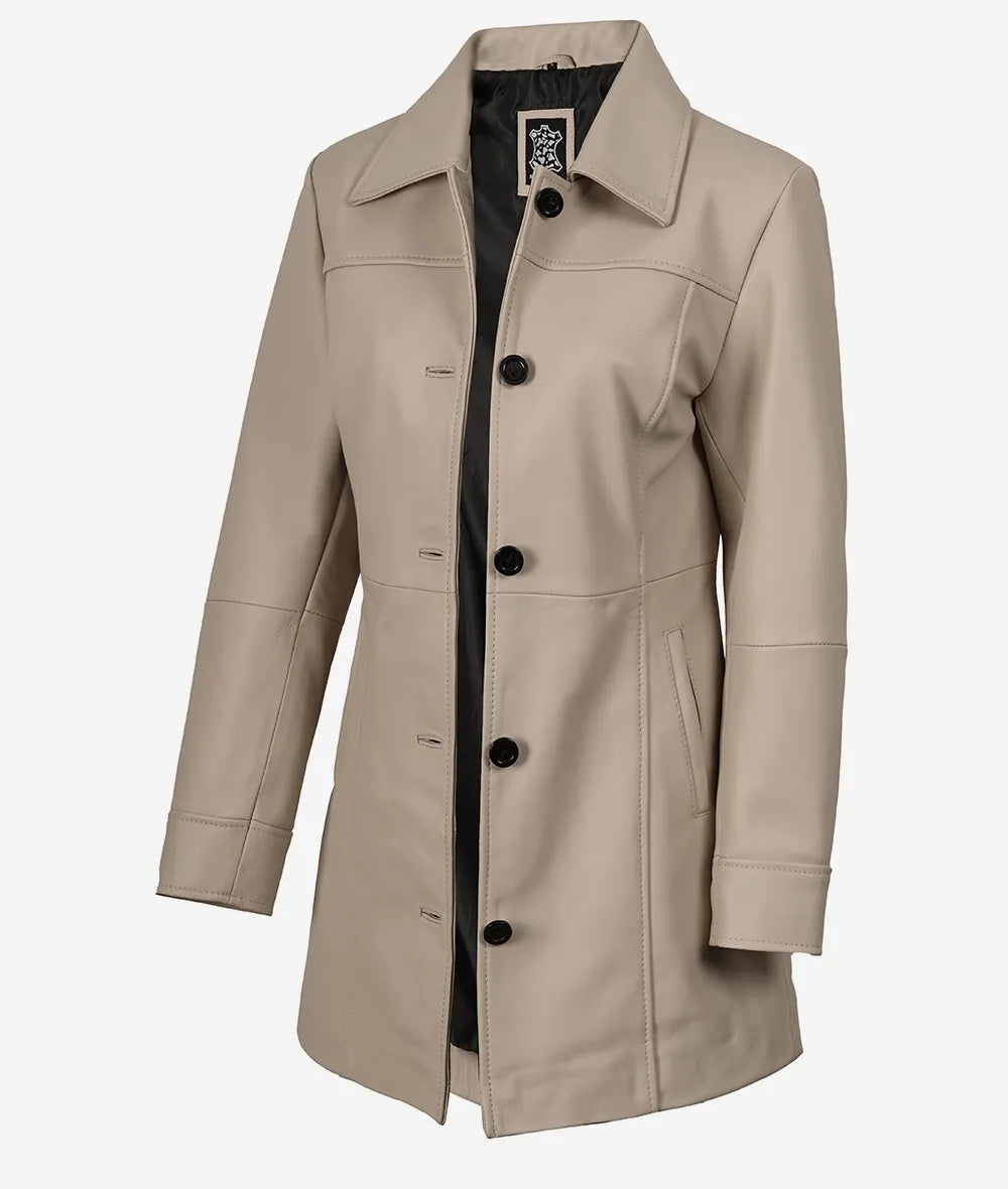 Damenmantel aus echtem Lammleder in 3/4-Länge in Beige