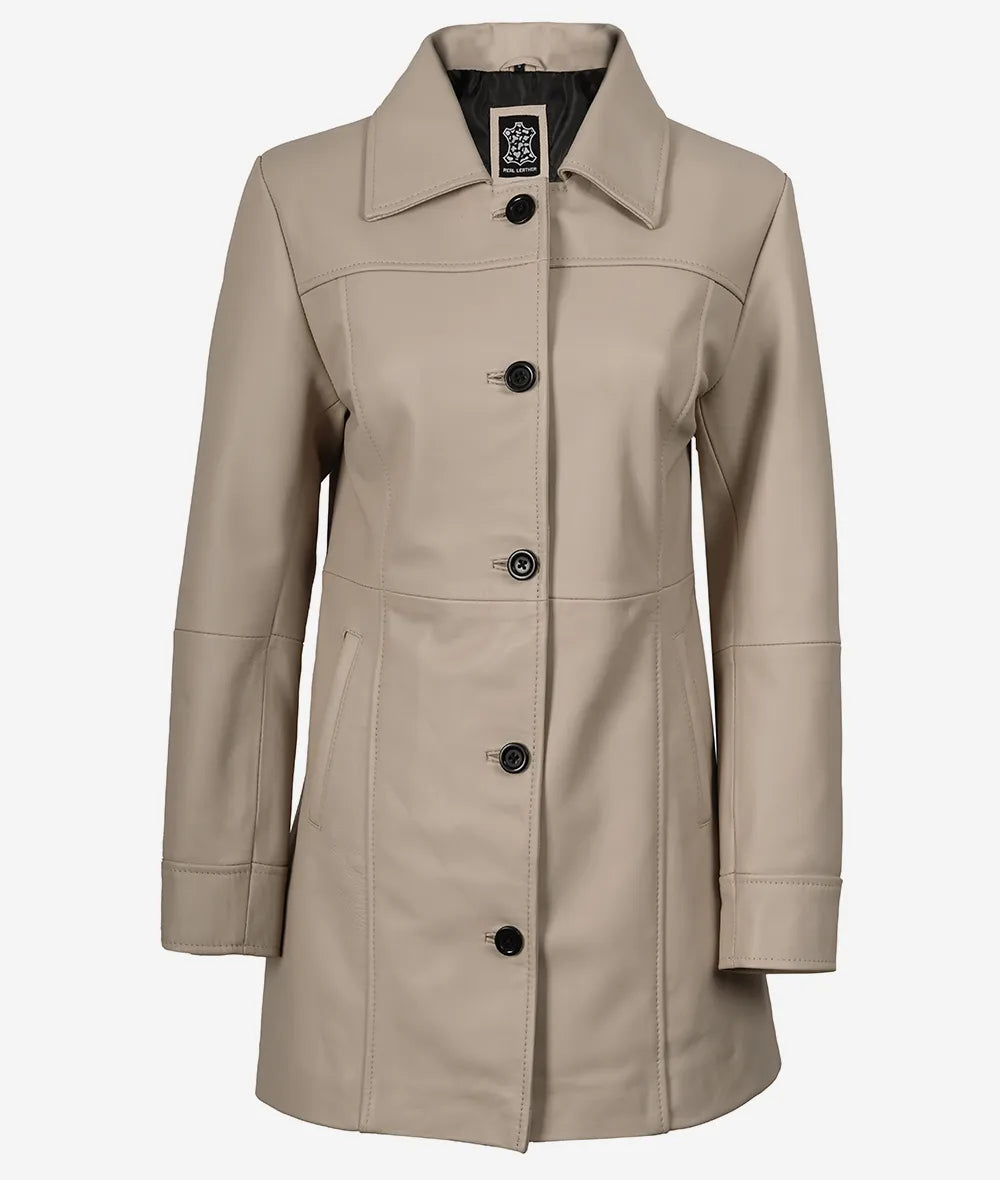 Damenmantel aus echtem Lammleder in 3/4-Länge in Beige