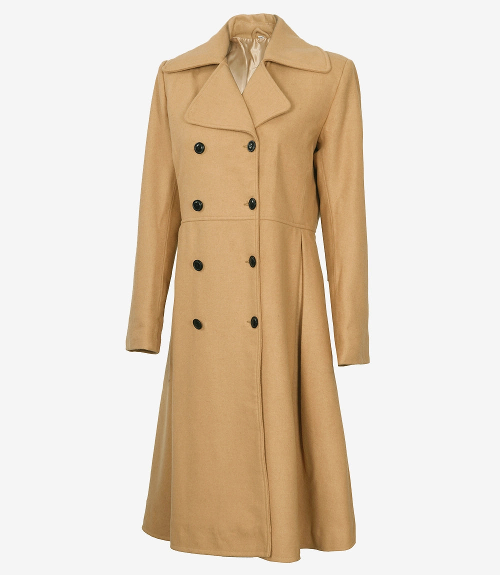 Womens Beige Double Breasted Wool Trench Coat