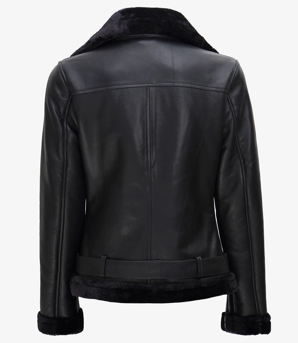 Womens Black Asymmetrical Shearling Leather Jacket