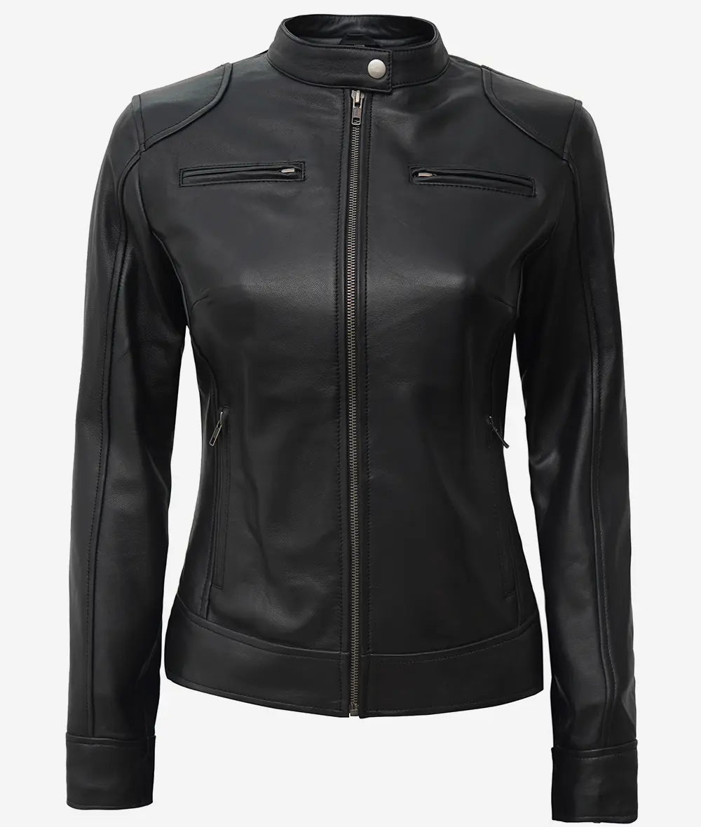 Schwarze Damenjacke aus Lammleder im Bikerstil