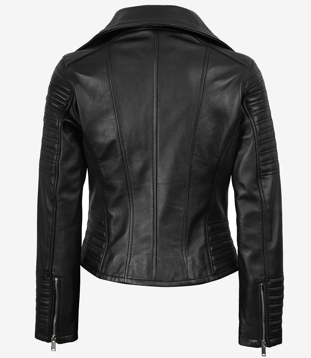 Schwarze, asymmetrische Bikerjacke aus feinstem Leder für Damen – (nur noch wenige übrig)