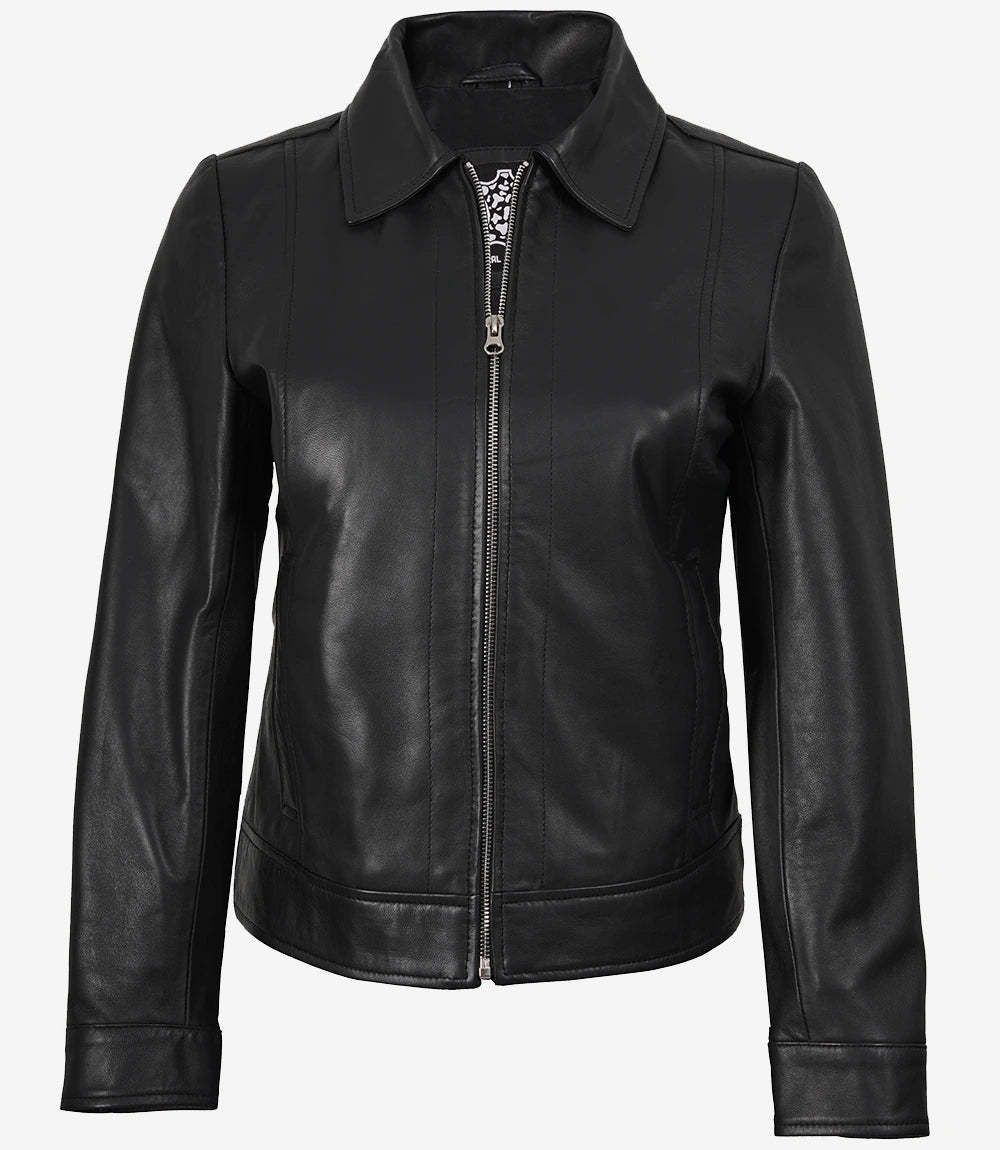 Schwarze Lederjacke mit Hemdkragen für Damen