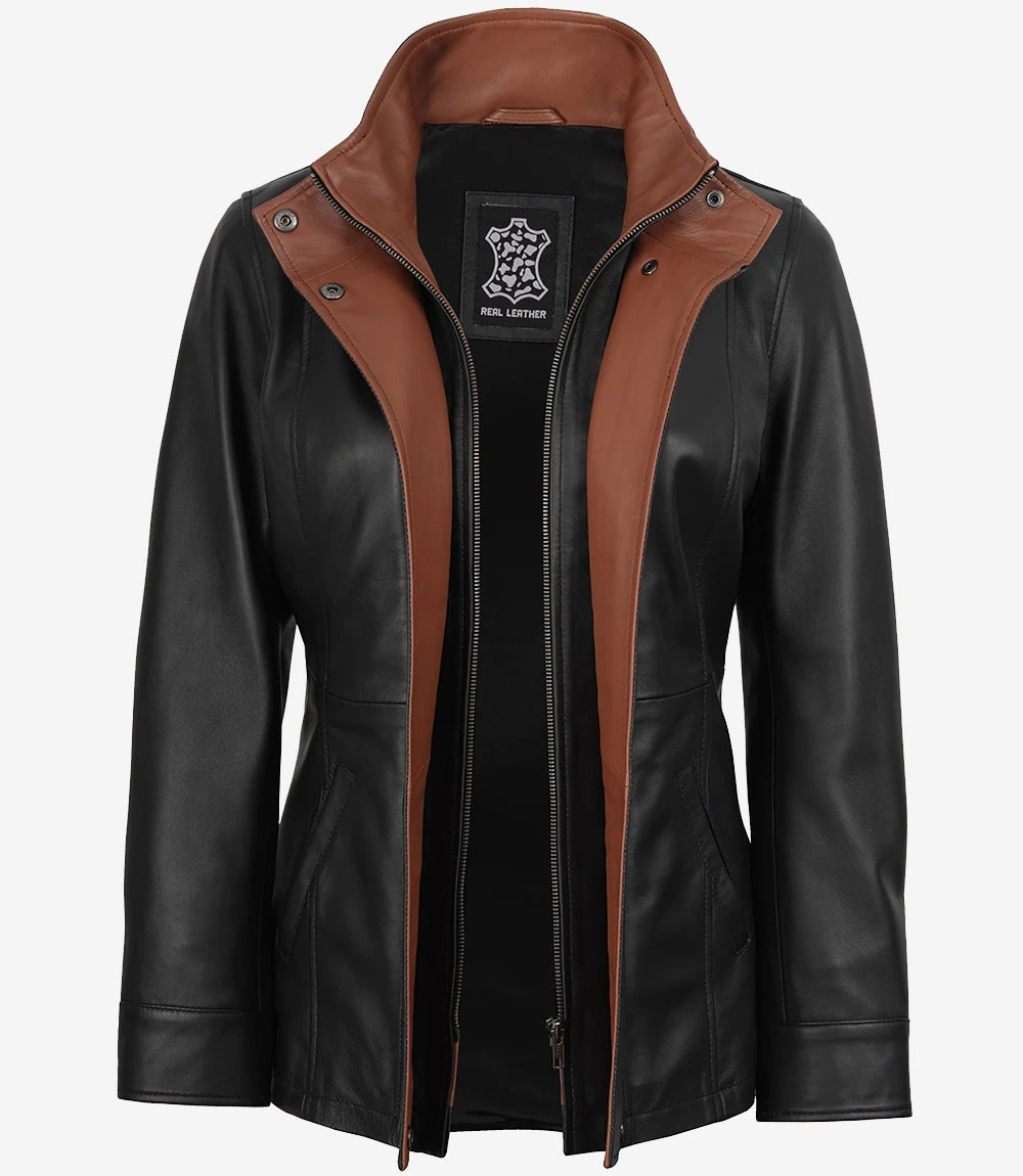 Womens High-Collar Black Leather Jacket With Brown Details