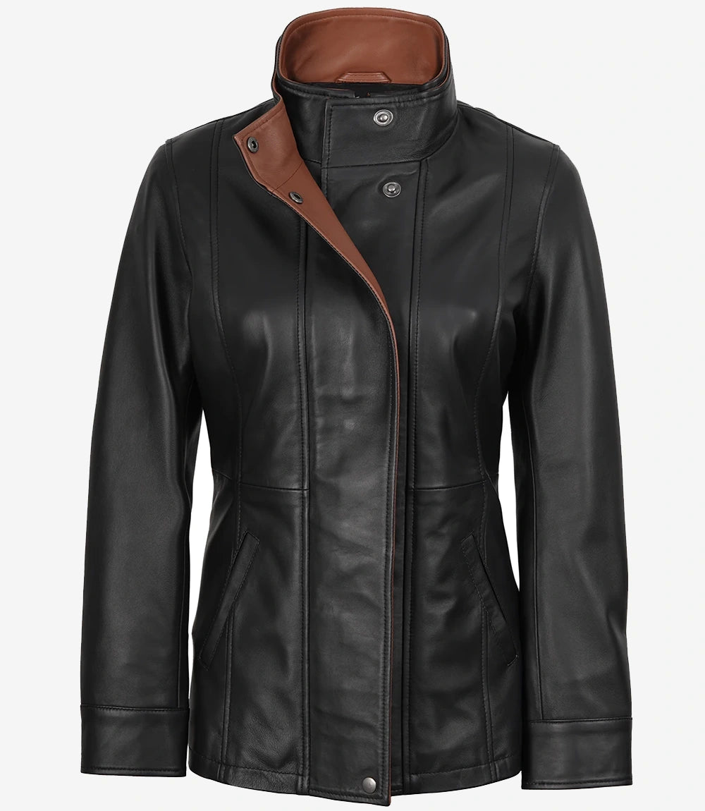 Womens High-Collar Black Leather Jacket With Brown Details