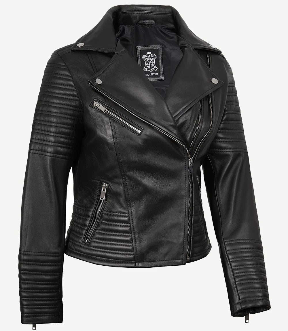 Schwarze, asymmetrische Bikerjacke aus feinstem Leder für Damen – (nur noch wenige übrig)