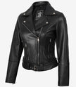 Asymmetrische schwarze Damen-Lederjacke im Biker-Stil mit Gürtel