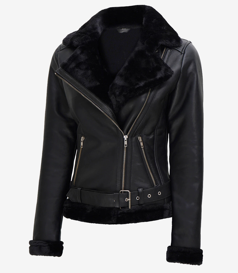 Womens Black Asymmetrical Shearling Leather Jacket