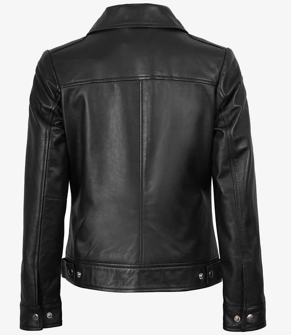 Schwarze Lederjacke mit Hemdkragen für Damen