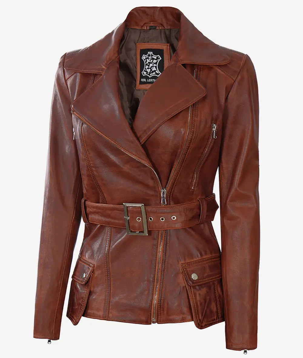 Womens Asymmetrical Cognac Leather Jacket