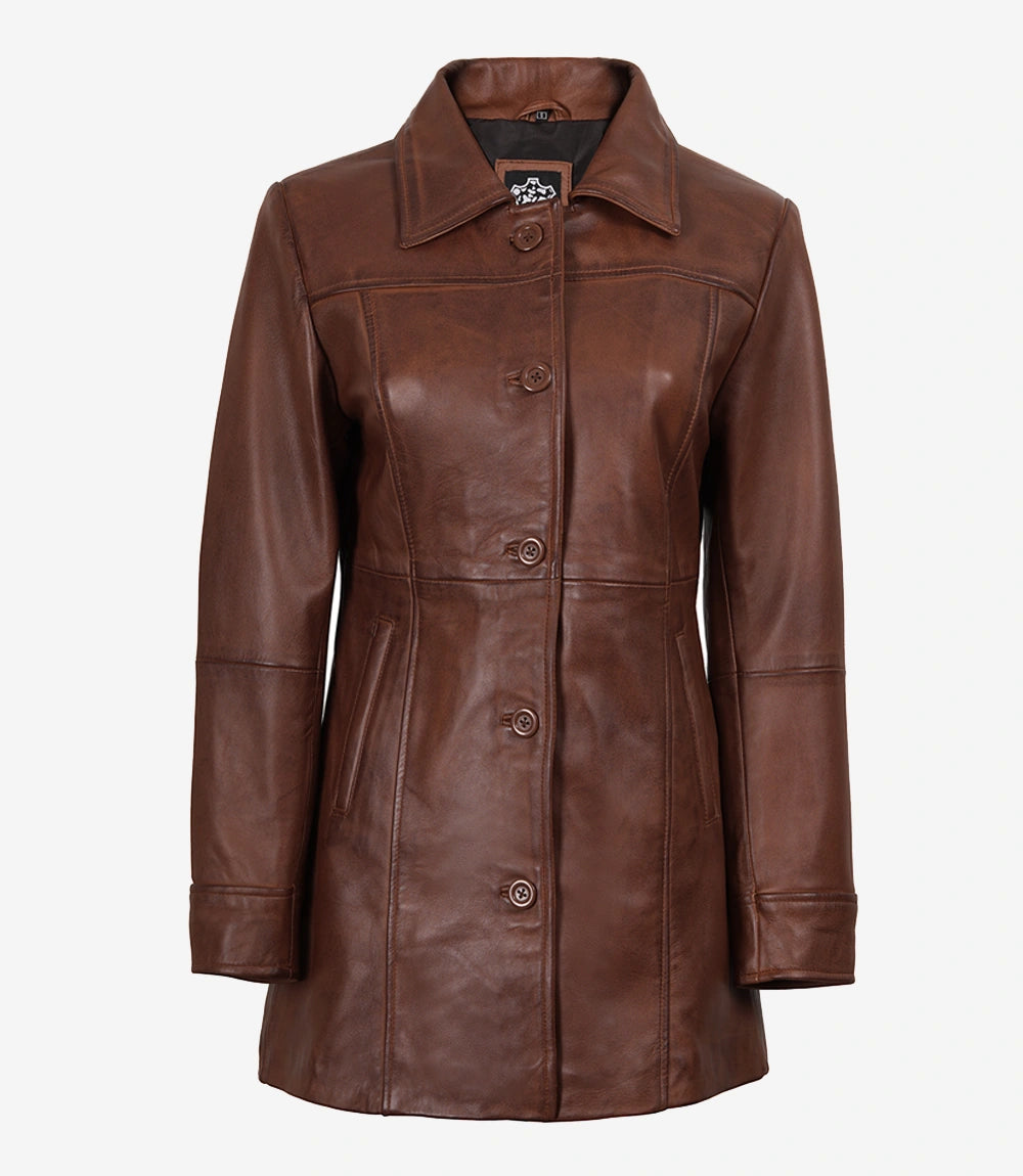 Womens Tall Shirt Collar Cognac Leather Coat - 3/4 Length Coat