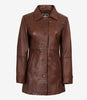 Womens Tall Shirt Collar Cognac Leather Coat - 3/4 Length Coat