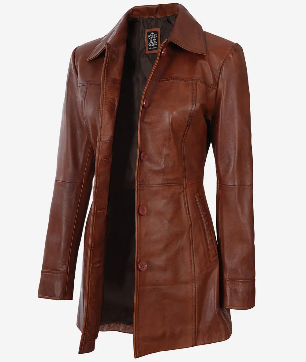 Womens Petite Cognac 3 Quarter Leather Coat