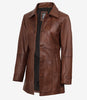 Womens Tall Shirt Collar Cognac Leather Coat - 3/4 Length Coat