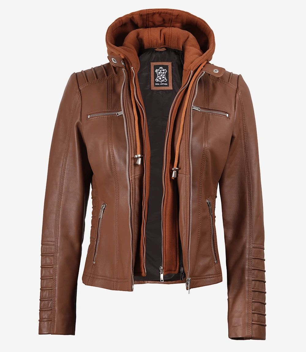 Womens Brown Hooded Leather Jacket