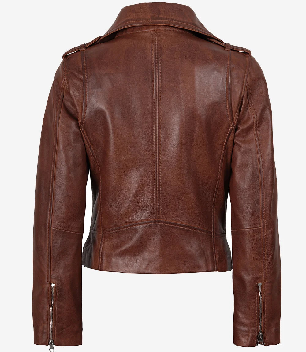 Women's Distressed Asymmetrical Cognac Biker Style Leather Jacket