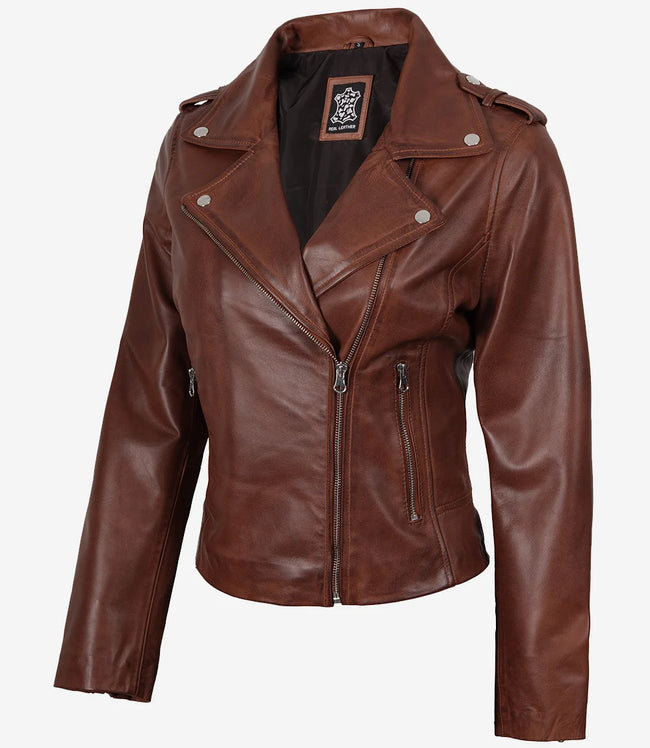 Asymmetrische Cognac-Lederjacke im Biker-Stil für Damen im Used-Look