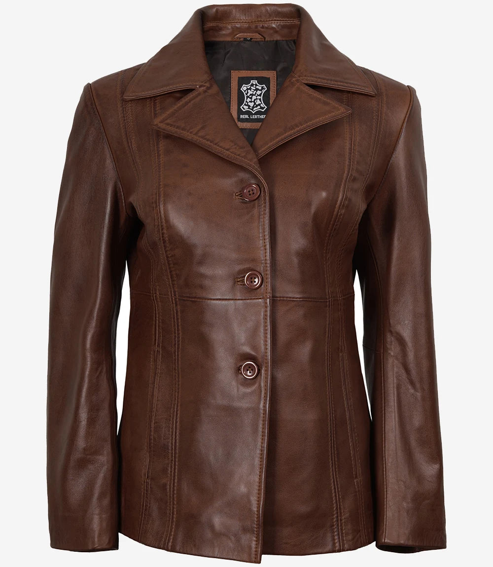 Womens Brown Leather 3 4 Length Coat