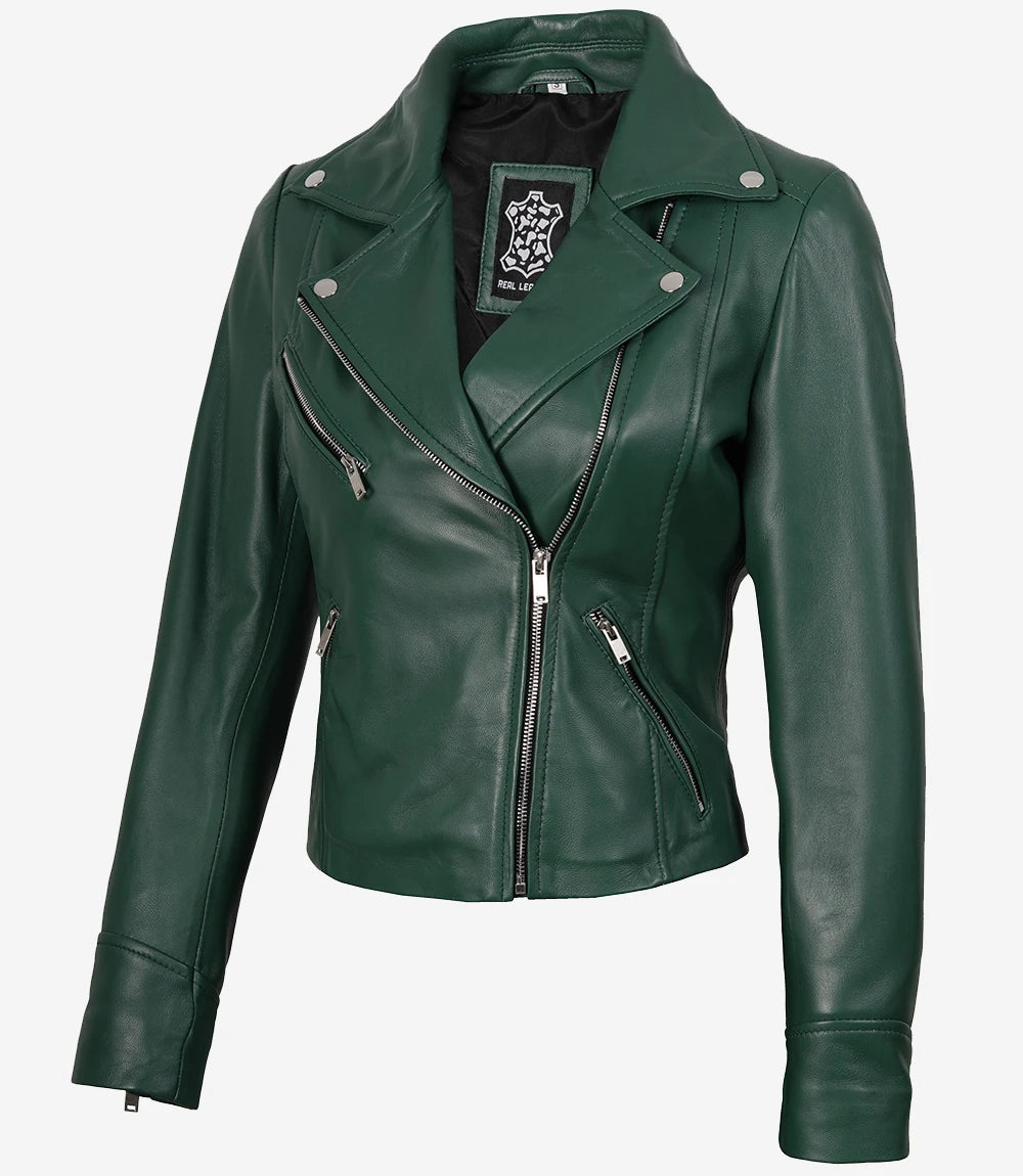 Women's Real Lambskin Leather Green Biker Style Jacket
