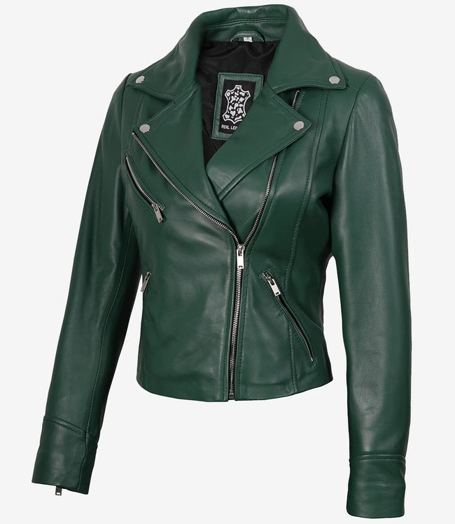 Grüne Bikerjacke aus echtem Lammleder für Damen