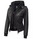 Womens Petite Black Hooded Bomber Leather Jacket
