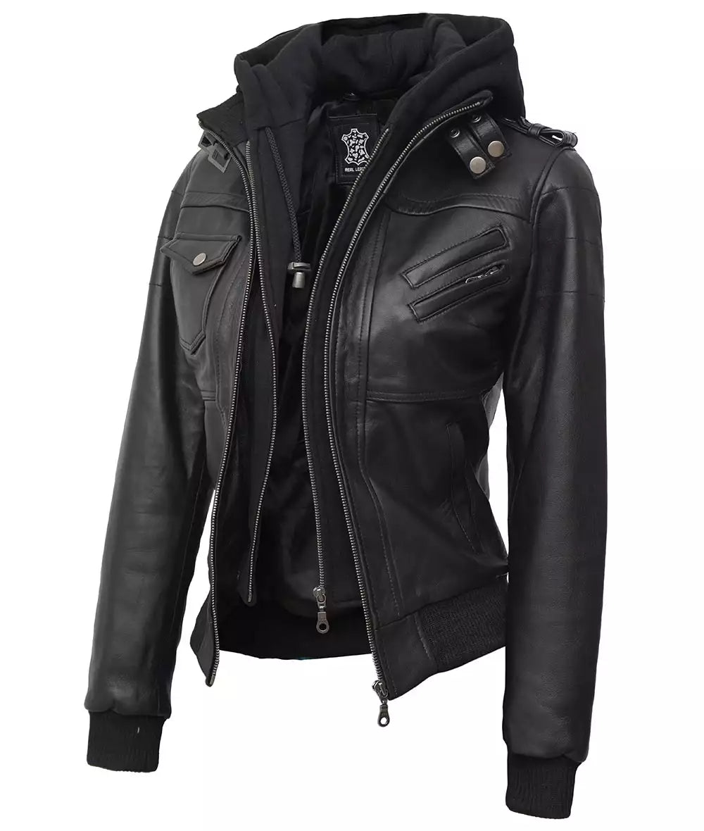 Womens Petite Black Hooded Bomber Leather Jacket