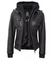 Womens Petite Black Hooded Bomber Leather Jacket