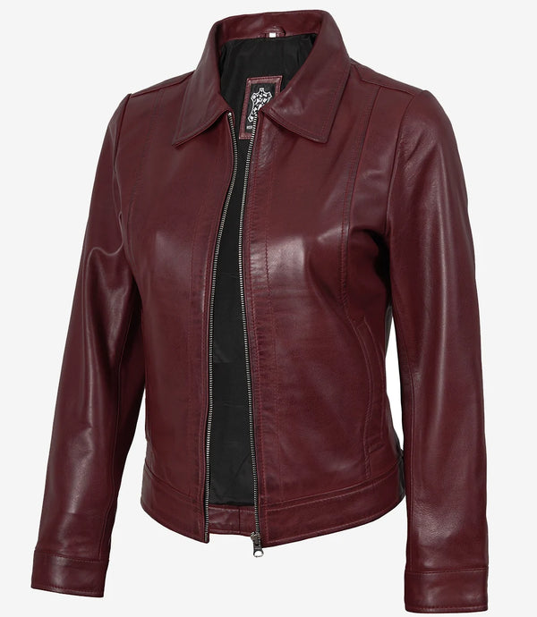 Kastanienbraune Lederjacke mit Hemdkragen für Damen