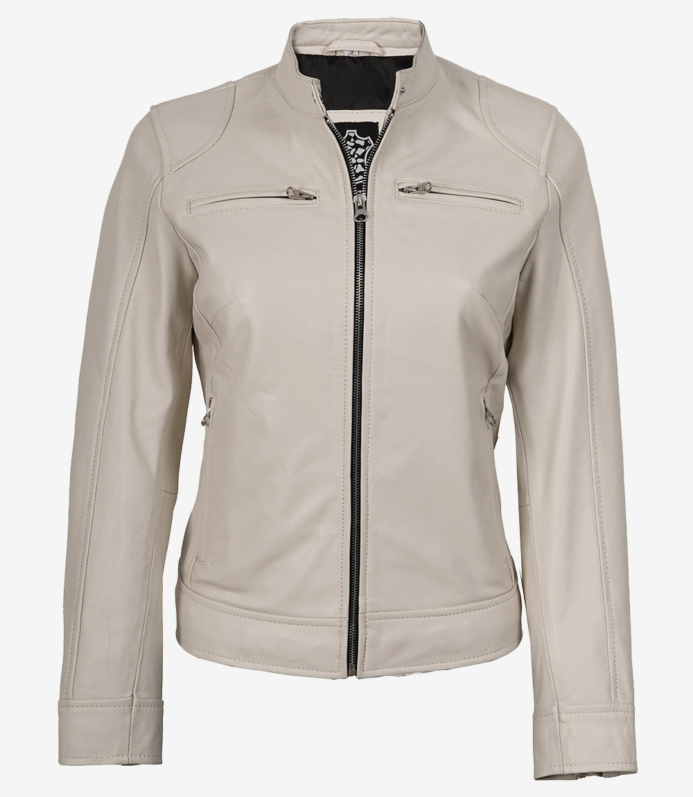 Women's Off White Biker Style Leather Jacket