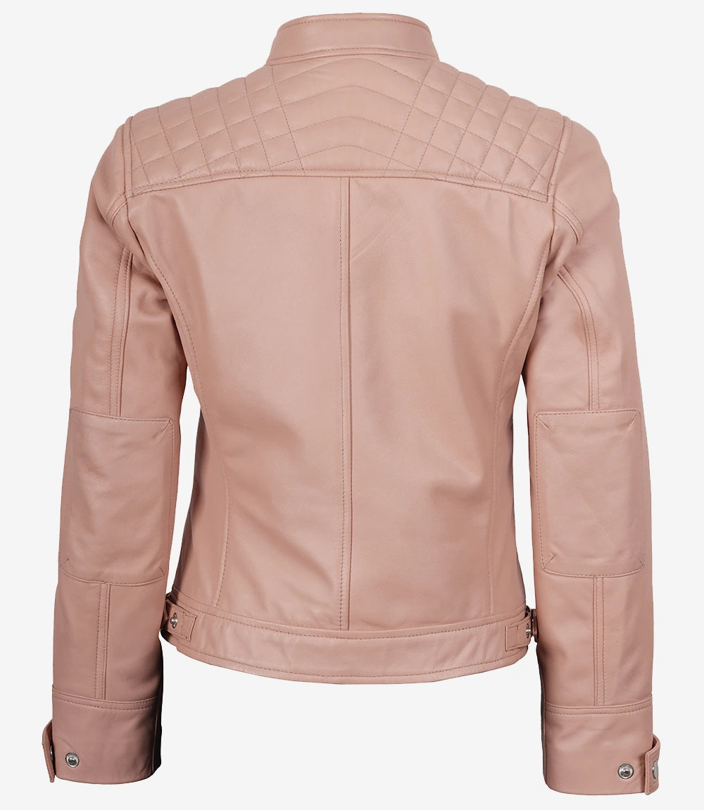 Rosa Lederjacke im Biker-Stil für Damen – gesteppte Schulter