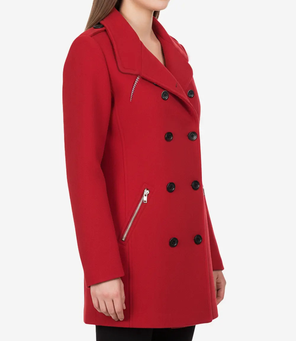 Womens Double Breasted Red Wool Peacoat