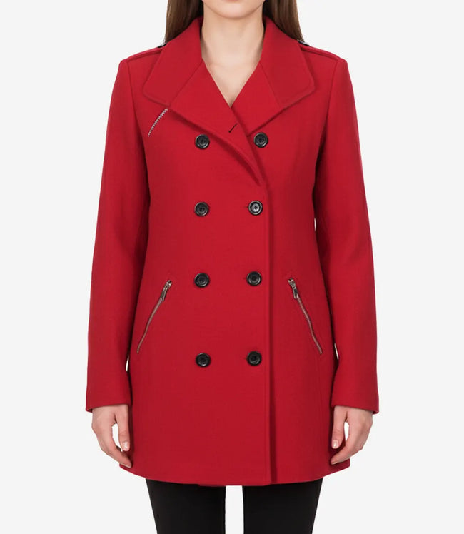 Womens Double Breasted Red Wool Peacoat