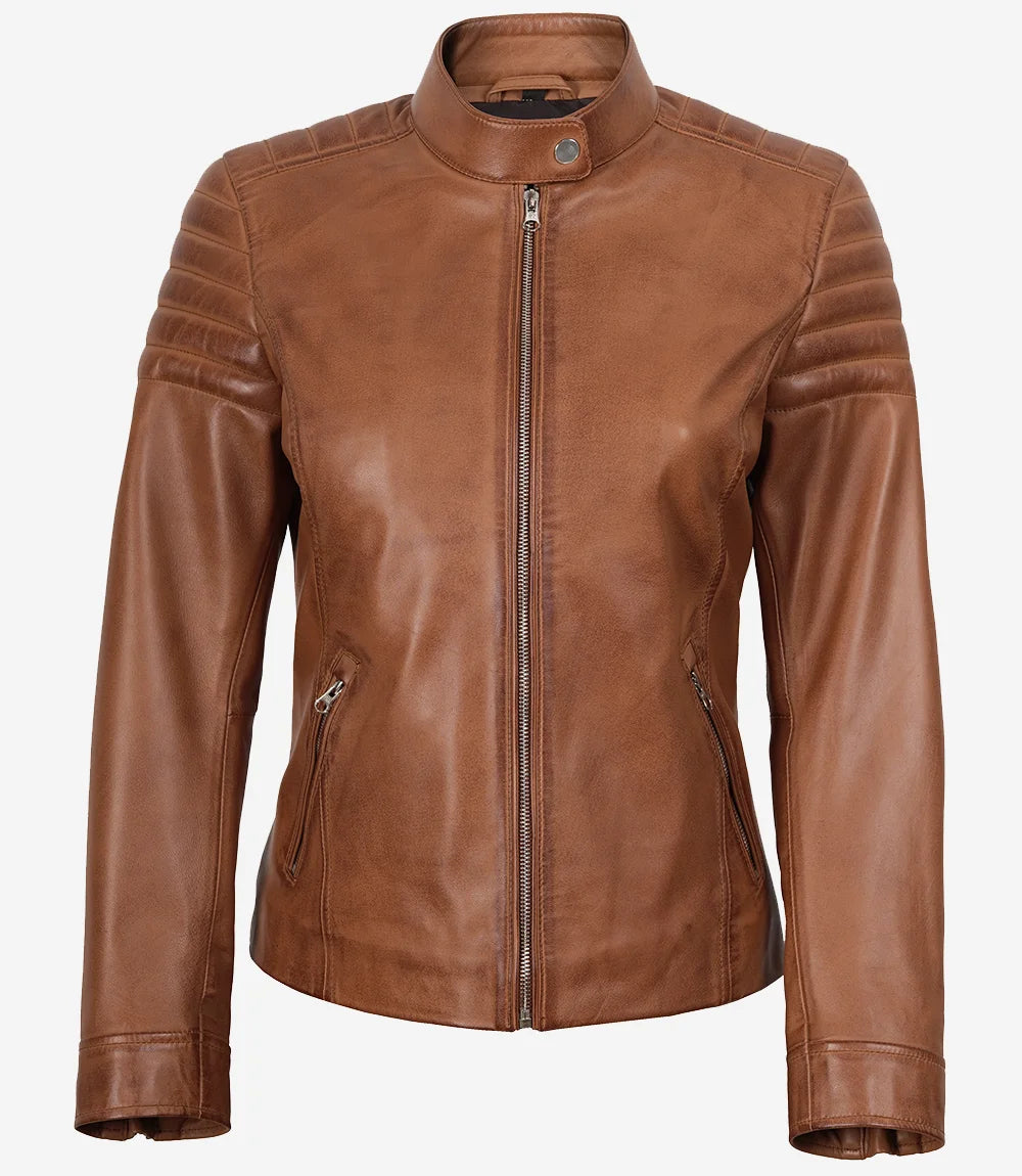 Womens Real Lambskin Leather Tan Biker Style Jacket
