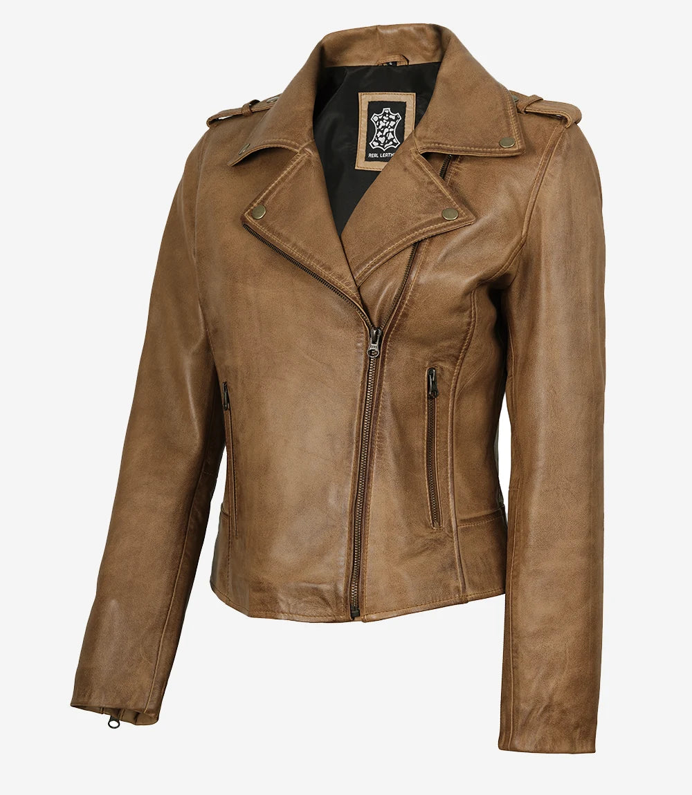 Leather Asymmetrical Camel Biker Jacket Womens