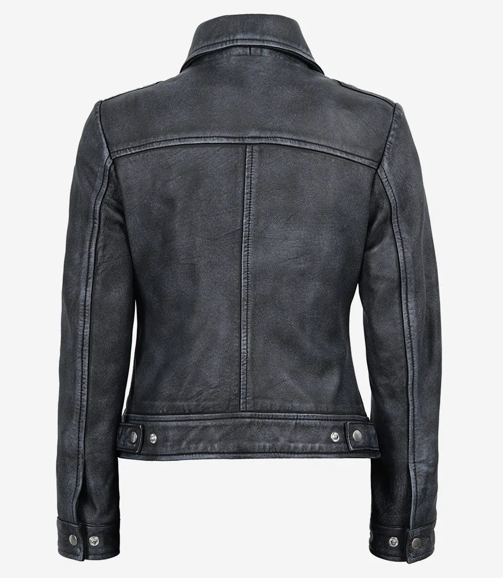 Jose Womens Black Shirt Collar Harrington Washed Leather Jacket