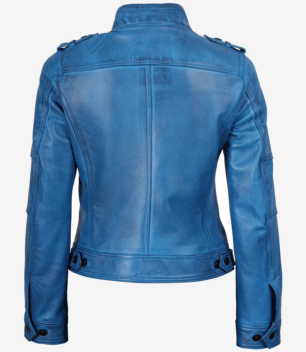 Blaue Damenjacke im Biker-Stil aus gewachstem Lammleder