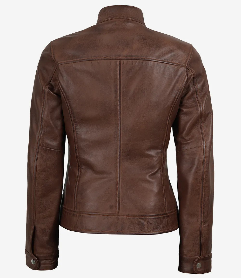 Women's Cognac Waxed Lambskin Biker Style Leather Jacket