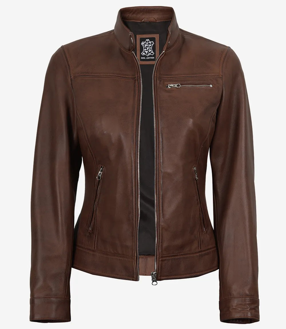 Women's Cognac Waxed Lambskin Biker Style Leather Jacket