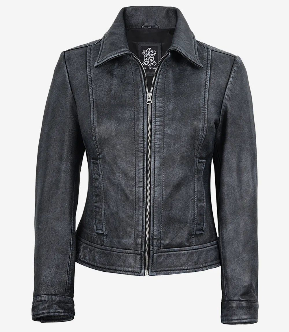 Jose Womens Black Shirt Collar Harrington Washed Leather Jacket