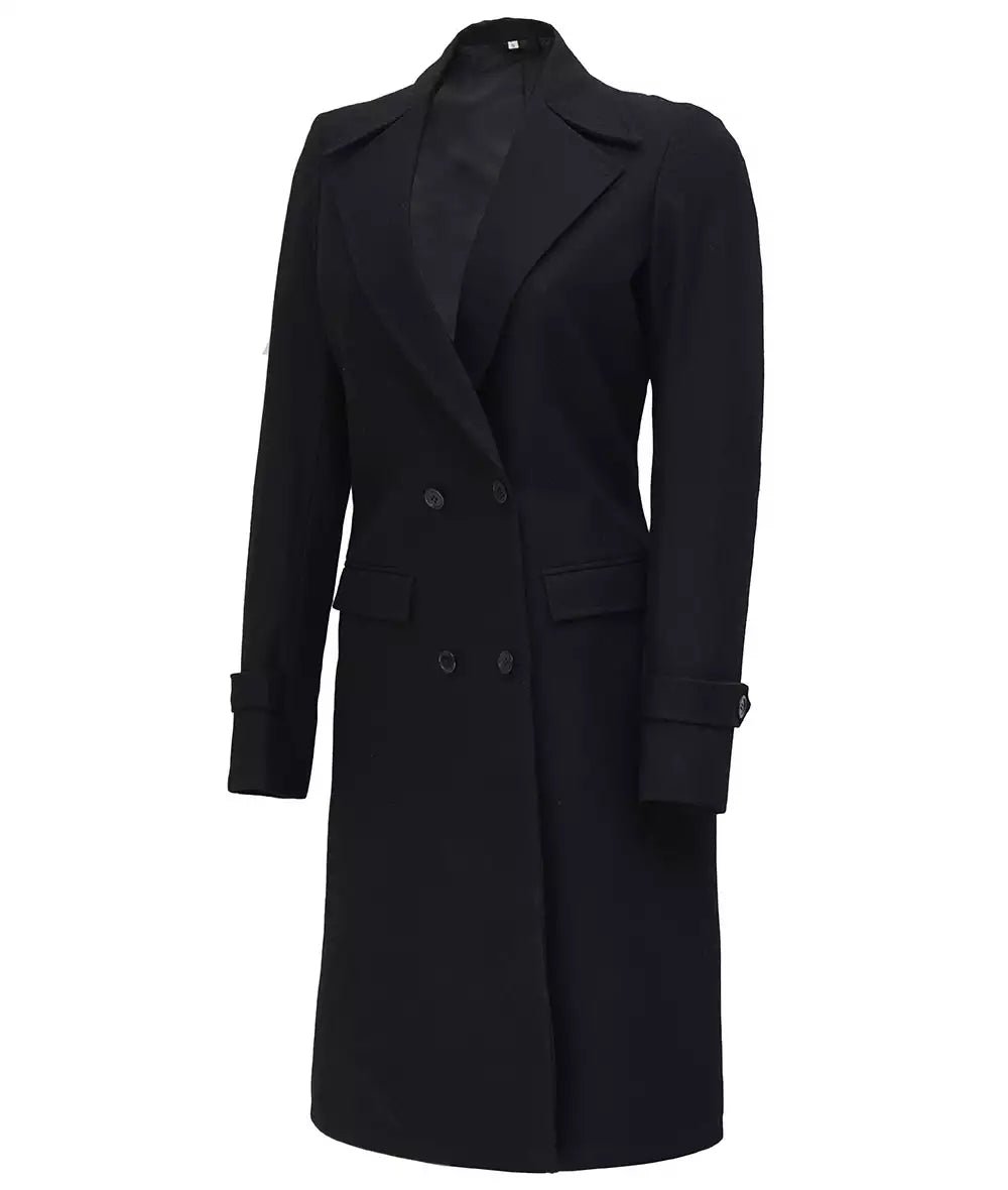 Womens Two Pockets Wool Coat Black
